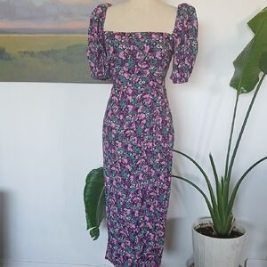 NWT Astr Purple Square Neck Floral Midi Dress with Puff Sleeves SzM